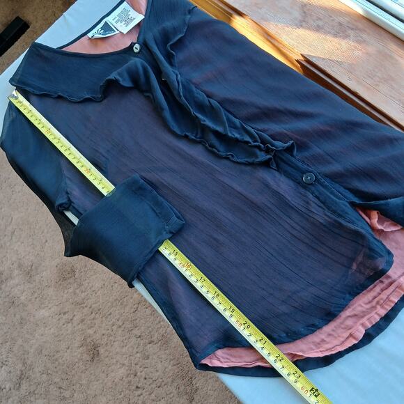 Vintage 1990s Phool Ruffle Collar Blouse M sheer black button up orange lining - Picture 11 of 15